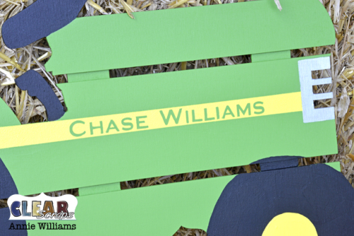 Personalized Tractor Pallet by Annie Williams for Clear Scraps - Detail