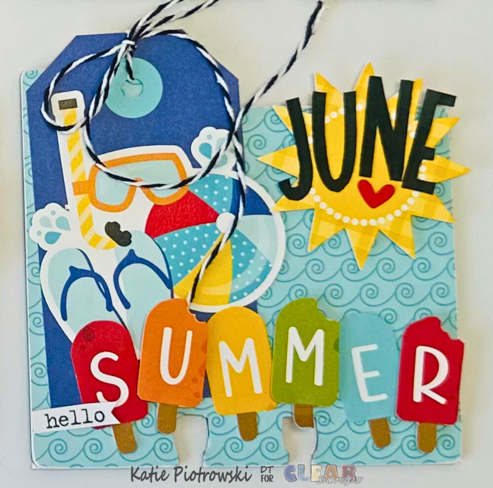 Colorful monthly dividers for June featuring a sun, the word 'JUNE,' and ice cream popsicle shapes with the text 'hello SUMMER.'