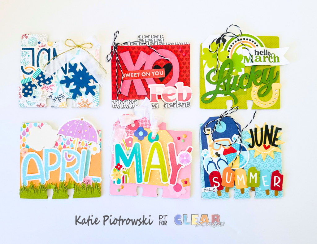 A colorful display of six monthly divider cards for a perpetual calendar, featuring playful designs with themes related to January, February, March, April, May, and June. Each card includes decorative elements such as snowflakes, hearts, umbrellas, lettering, and seasonal motifs.